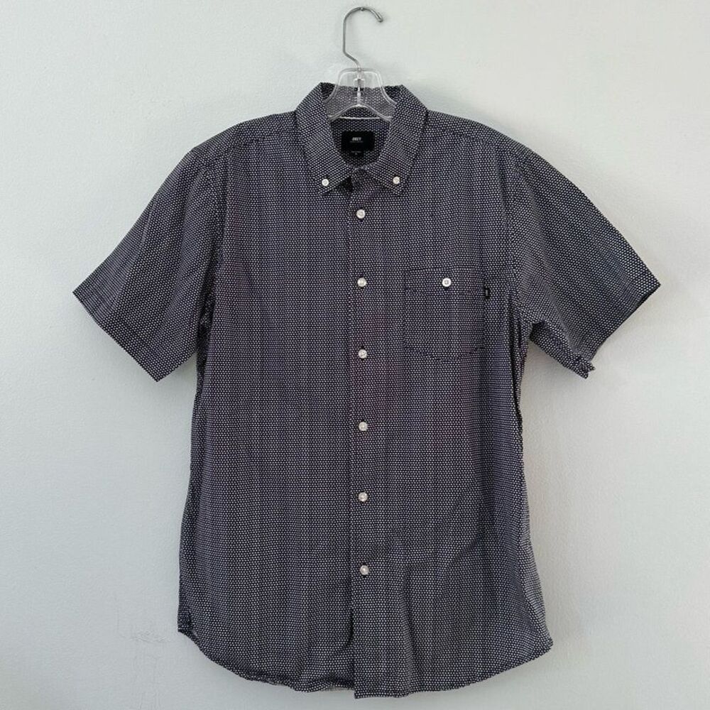 OBEY Woven Navy Multi White Button Down Slim Fit Men's Short Sleeve Shirt size M